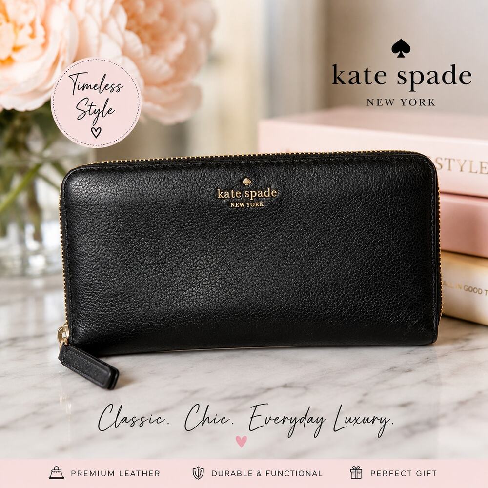 Kate Spade Leila Large Continental Wallet Black Pebbled Leather Zip Around